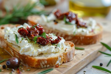 Wall Mural - Ricotta cheese olives and sun dried tomatoes on bread slices on a wooden board Perfect for breakfast or wine Close up shot
