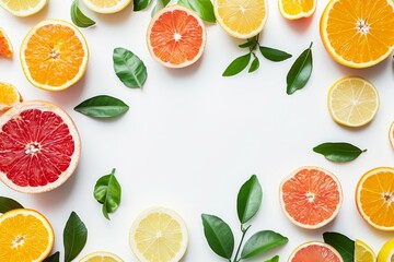 Wall Mural - Ripe citrus fruits with leaves on white background