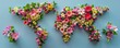 A world map made out of native flowers from each country, arranged geographically and blooming vividly