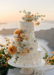 Wall Mural - White wedding cake adorned with flowers, sitting elegantly on a table
