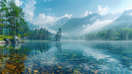 Wall Mural - Beautiful lake in the mountains, summer time, foggy weather, pine forest on both sides of river. Created with Ai