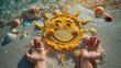Smiling sun happy smiley face drawing drawn in sand with child hands on a tropical beach with seashells and accessories summer holiday vacation photo vertical