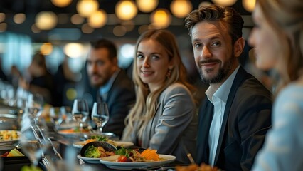 Professionals networking over dinner in refined setting at elegant business event. Concept Business Networking, Professional Development, Refined Setting, Elegant Event