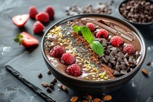 Rotating Vegan Chocolate Smoothie Bowl With Superfoods Healthy Superfood Smoothie With Fruits And Seeds