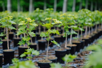 rows of young maple trees in containers at nursery