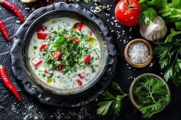 Poster - Russian traditional cold soup okroshka with yogurt vegetables top view