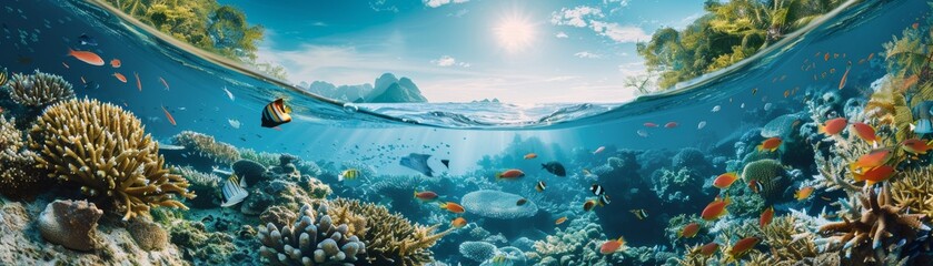 Wall Mural - Underwater and above water panoramic view of a coral reef with tropical fish