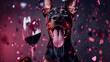 A delighted Doberman, tongue out savoring the moment, with a claret glass, amidst sapphire confetti, Photorealistic,