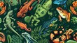 Reptiles and amphibians seamless pattern, deep jungle green background, striking cover for a herpetology magazine, top view