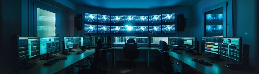 Poster - Security monitoring room with multiple surveillance screens