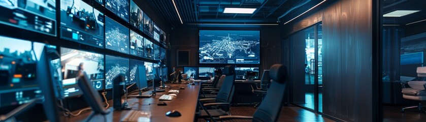 Poster - Security monitoring room with multiple surveillance screens