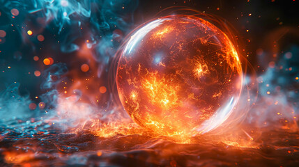 Poster - Glass energy abstract sphere with particles and glowing lights on a dark background
