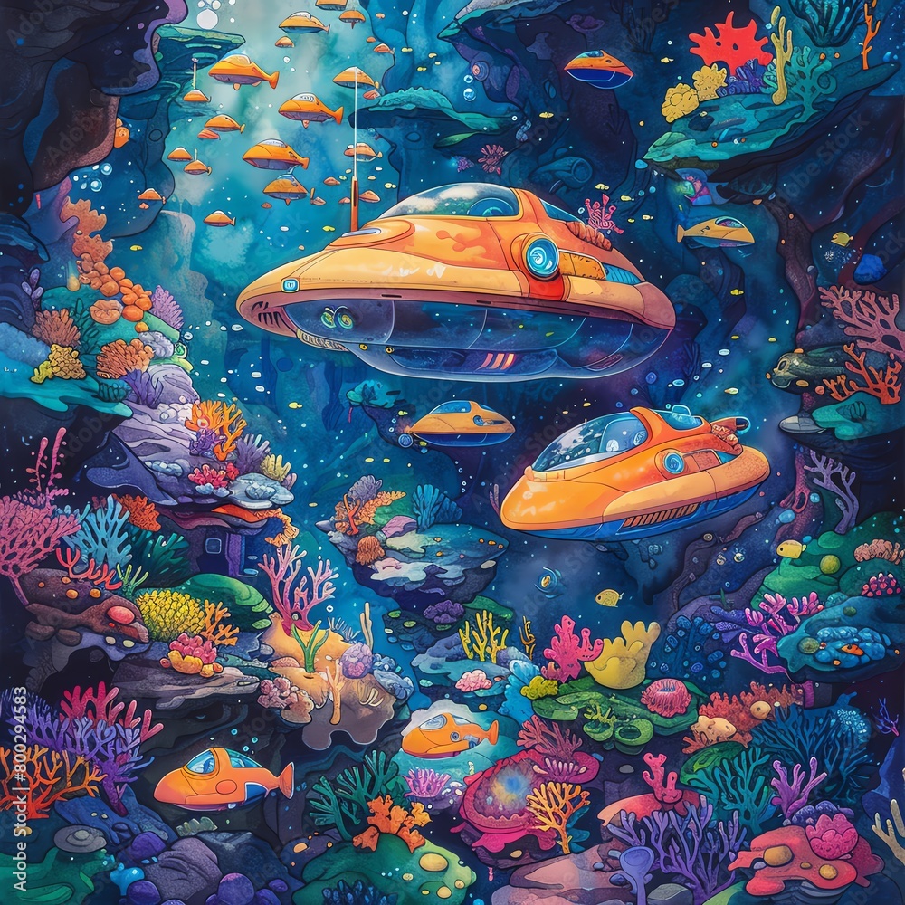 Illustrate the vibrant watercolor depiction of a futuristic underwater ...
