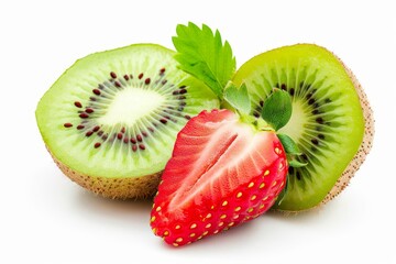 Poster - Sliced kiwi and strawberries on white background