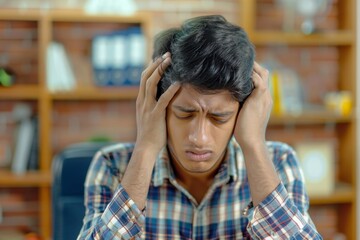 Tired and sick young Indian man sitting in the office at the desk, and grimacing, suffering from a severe headache and pressure, massaging his head with his, Generative AI