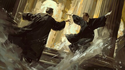 illustration capturing the intense atmosphere of a bitter fight over judicial appointments