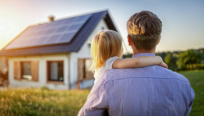 Rear view of dad holding her little girl in arms and showing at their house with installed solar panels. Alternative energy, saving resources and sustainable lifestyle concept.