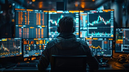 Poster - A bustling cryptocurrency exchange with traders monitoring computer screens displaying digital currency fluctuations.