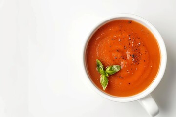 Canvas Print - White bowl with tomato soup isolated on white background top view Spanish gazpacho