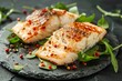 Whitefish fillet presented on stone plate Focus on it
