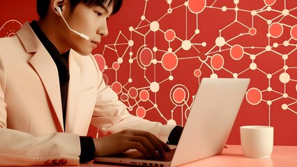 Wall Mural - Businessman Utilizes Computer to Showcase Social Network Structure in Contemporary Environment. Concept Technology, Social Networking, Business, Contemporary Environment, Computer Skills