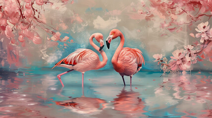 Wall Mural - Pink flamingos in lake rococo arft