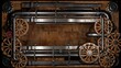 An intricate steampunk frame, adorned with gears, wheels, clockwork, and rivets, set against a rustic wooden backdrop, blending fantasy with industrial aesthetics