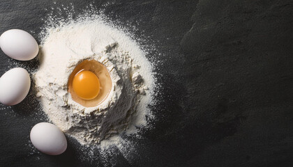 Wall Mural - Wheat flour and chicken eggs on dark cooking background. Culinary and baking concept. Flat lay.