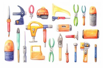 A watercolor painting of a variety of hand tools. The tools are arranged in a haphazard manner. The painting is done in a realistic style.