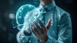 © Furkan - Business concept. Businessman touching holographic safety helmet icon. The manager explains the company's occupational safety policy. Company's occupational health policy