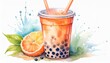 Watercolor, low saturation, fresh color, bubble tea, plastic mug, white background