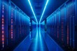 A futuristic-looking data center aisle with glowing blue and red LED lights on server racks.