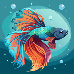 Poster - Colorful betta fish, displaying long flowing fins, photo, with muted color tone, cool lighting, blurry background, close-up shot, surrounded by small bubbles