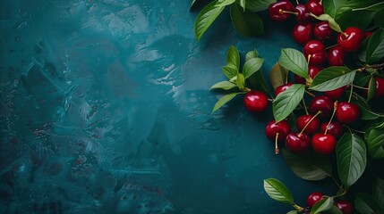 Wall Mural - bunch of cluster of fresh ripe cherries with green leaves on textured blue surface