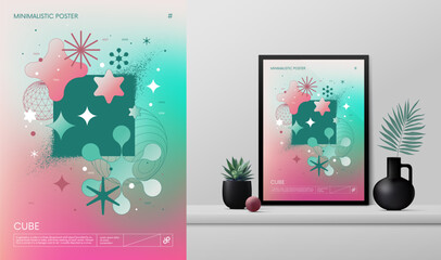 Fototapete - Vector gradient rave Poster with strange wireframes assets of geometrical shapes Y2K design inspired by brutalism and mockup in the interior, turquoise square with spray effect, particle explosion