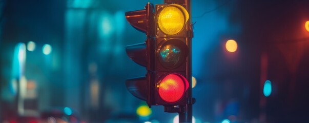 Poster - Luminous traffic light with all lights on against a foggy city night background