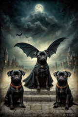 Canvas Print - AI generated illustration of three black pug dogs with bats in the background