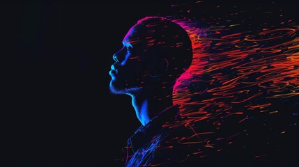 Poster - Man with vibrant neon light trails emanating from head