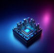 3D artificial intelligence chip designed like a miniature city at night