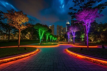 Wall Mural - a garden filled with lots of purple and green lights on trees