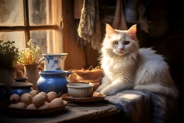 Wall Mural - White cat sitting near cups on a counter, AI-generated.