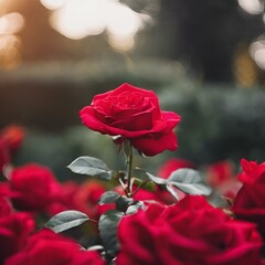 Poster - a red rose in the center of the garden with sunlight shining on it