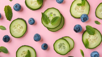 Wall Mural - Cucumber slices with blueberries and mint generative ai