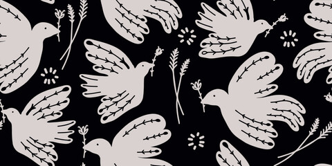  Hand drawn style ornament seamless pattern with birds. Abstract trendy monochrome print.
