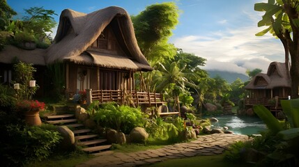 Poster - a home sitting next to a river surrounded by trees and grass