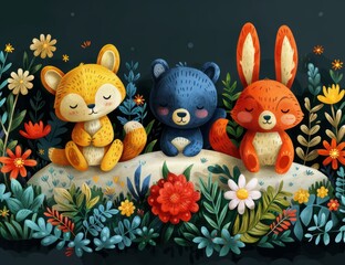 Wall Mural - set of cute cartoon bears and plants