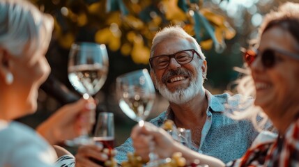 Mature friends raising their glasses in a toast during picnic. Happy middle aged couples celebrate. Happy man and smiling woman toasting with wine glasses anf have fun together.