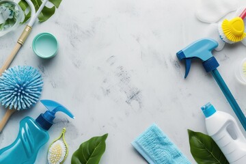 A neatly organized top view of various cleaning items on a white marble surface, representing order and cleanliness