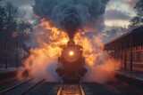 A historic steam whistle blowing loudly as an antique locomotive prepares to depart from a station, enveloped in a cloud of steam