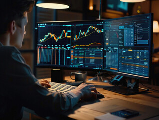 Wall Mural - Stock trading investor, financial advisor or analyst working analysing crypto exchange market charts using computer investing money in finances market analyzing data on screen, over shoulder.